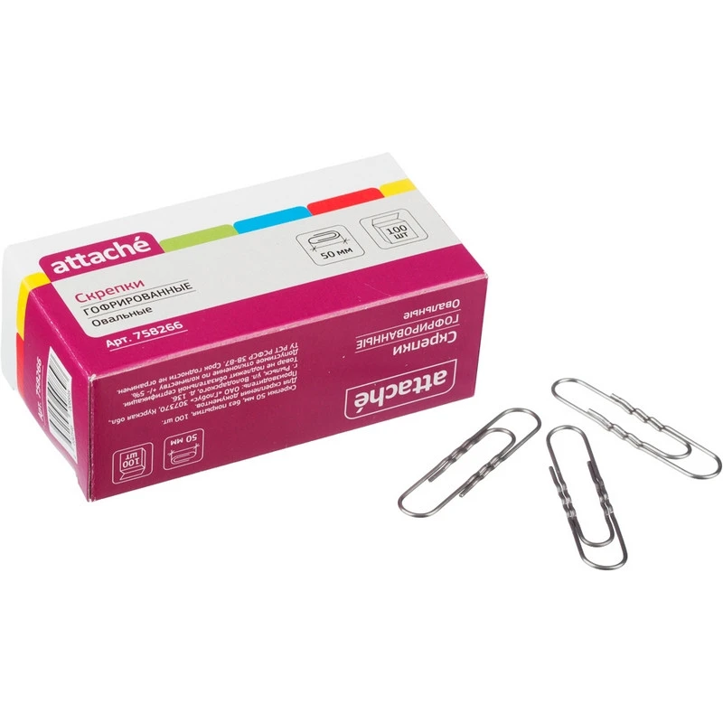 Скрепки Attache 50мм, гофрированные, б/покрытия, овальные 100 шт./уп.к/кор