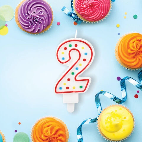 Свеча-цифра для торта "2" ДВУСТОРОННЯЯ с конфетти, 8,5 см, ЗОЛОТАЯ