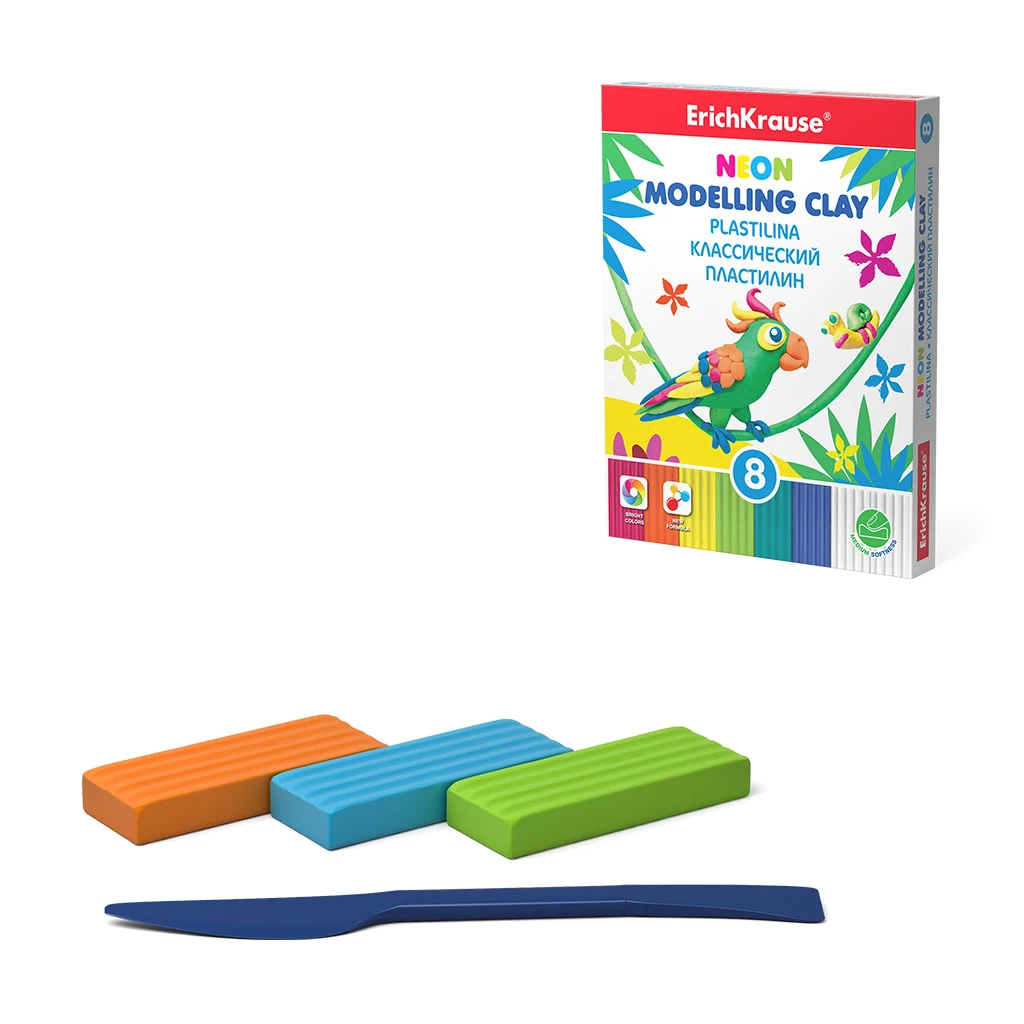 Классический пластилин Erich Krause Neon 6 цветов + 2 белых со стеком, 144г.