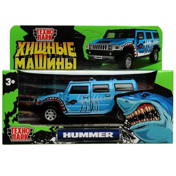 Машина металл HUMMER H2 ХИЩНИКИ 12 см, двери, багаж, инерц, голубой, Технопарк