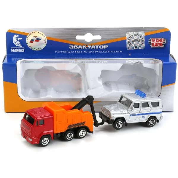 Машина металл KAMAZ ЭВАКУАТОР, 7,5 см+uaz ХАНТЕР 7,5 см, Технопарк