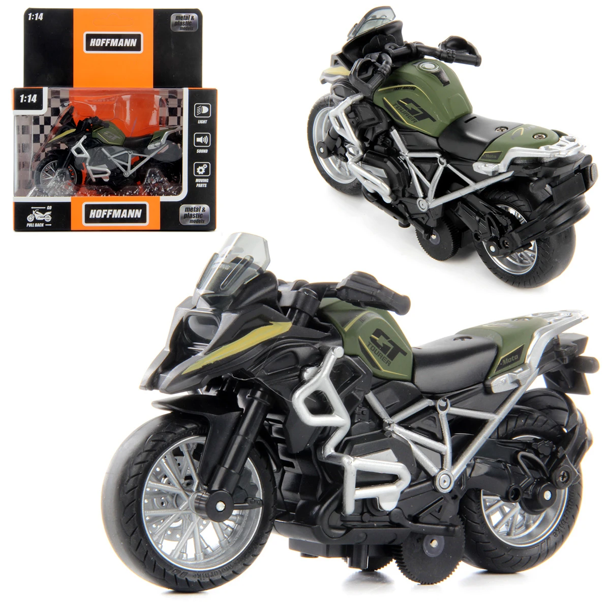 Мотоцикл металлический 1:14 GREEN MOONLIGHT свет/звук, руль вращ., инерц. Мотоцикл металлический 1:14 GREEN MOONLIGHT свет/звук, руль вращ., инерц.