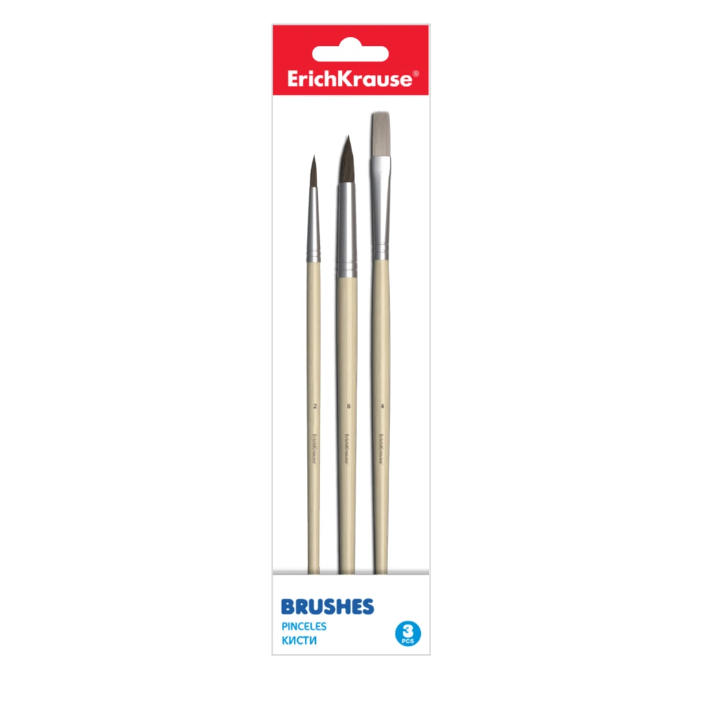 Кисти ErichKrause® Basic для акварели и гуаши, пони и щетина, 3 штуки, в