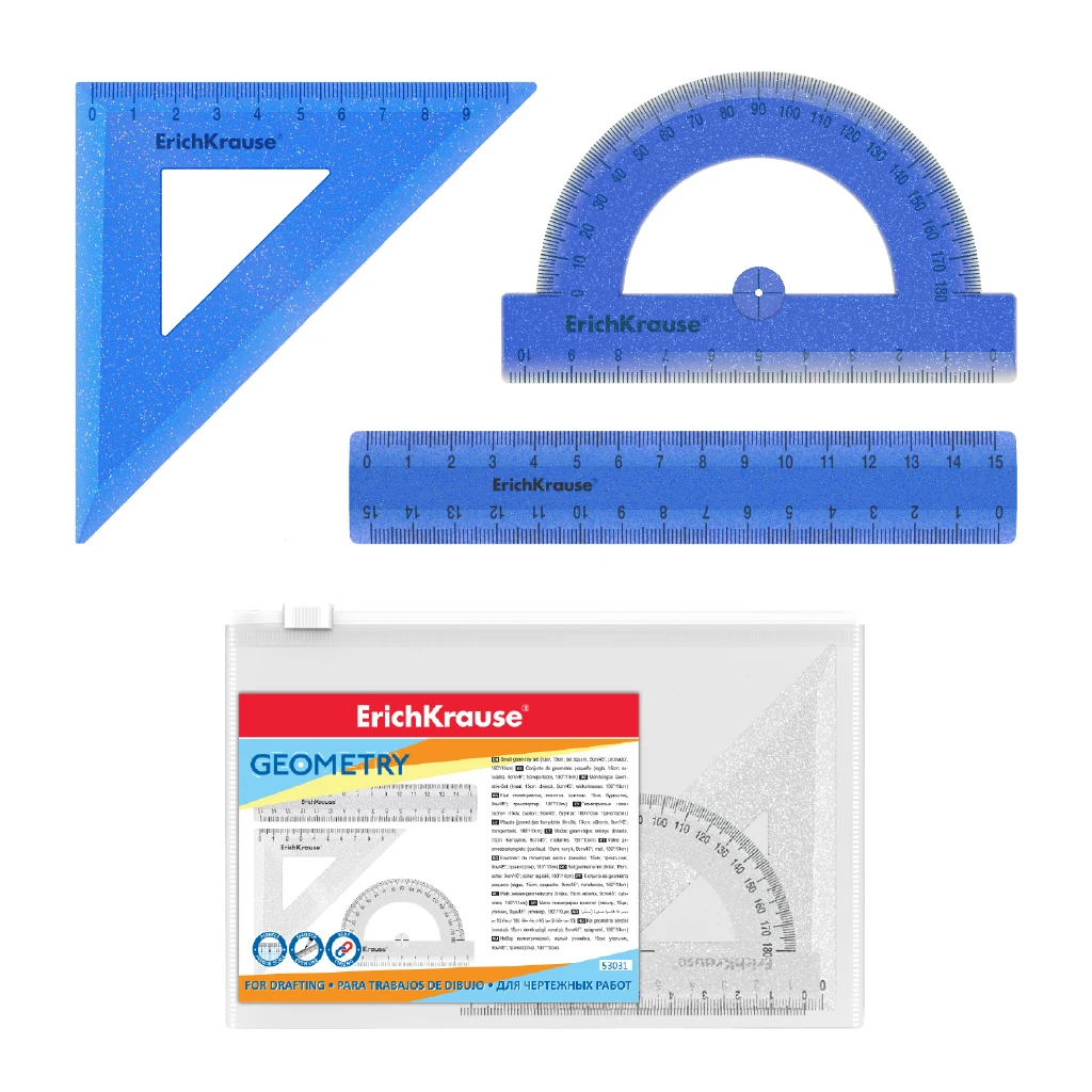 Набор геометрический малый пластиковый ErichKrause® Glitter, (линейка, угольник, Набор геометрический малый пластиковый ErichKrause® Glitter, (линейка, угольник,