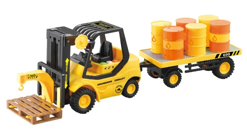 Погрузчик вилочный с прицепом и бочками 1:16, свет, звук, фрикция