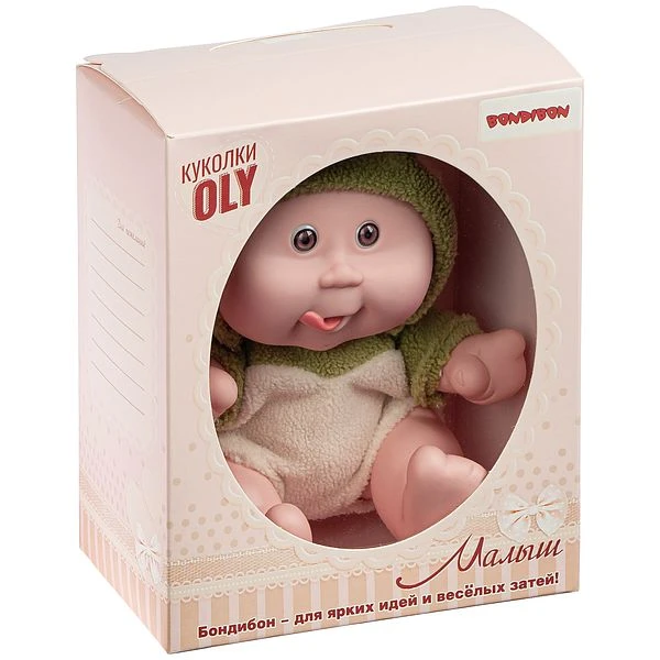 Кукла малыш Oly толстощёкий с улыбкой, Bondibon, размер 8", зелён.костюм,