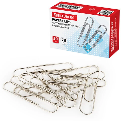 Скрепки большие 78 мм, BRAUBERG, никелированные, гофрированные, 50 шт., в