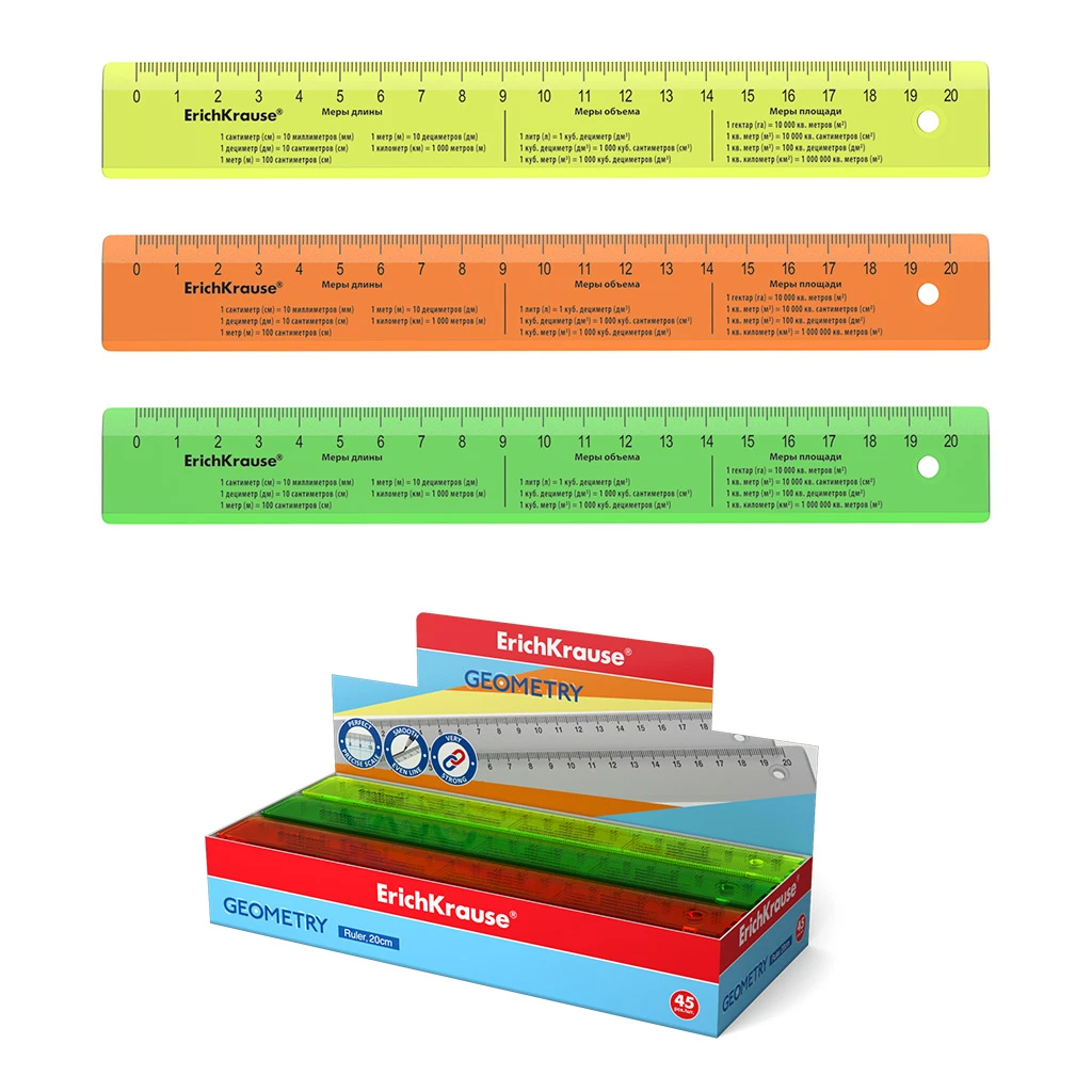 Линейка с единицами измерения пластиковая ErichKrause® Neon, 20см, ассорти из 3