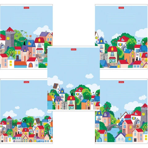 Тетрадь 12 л. HATBER клетка, обложка картон, "Городок" (5 видов в Тетрадь 12 л. HATBER клетка, обложка картон, "Городок" (5 видов в