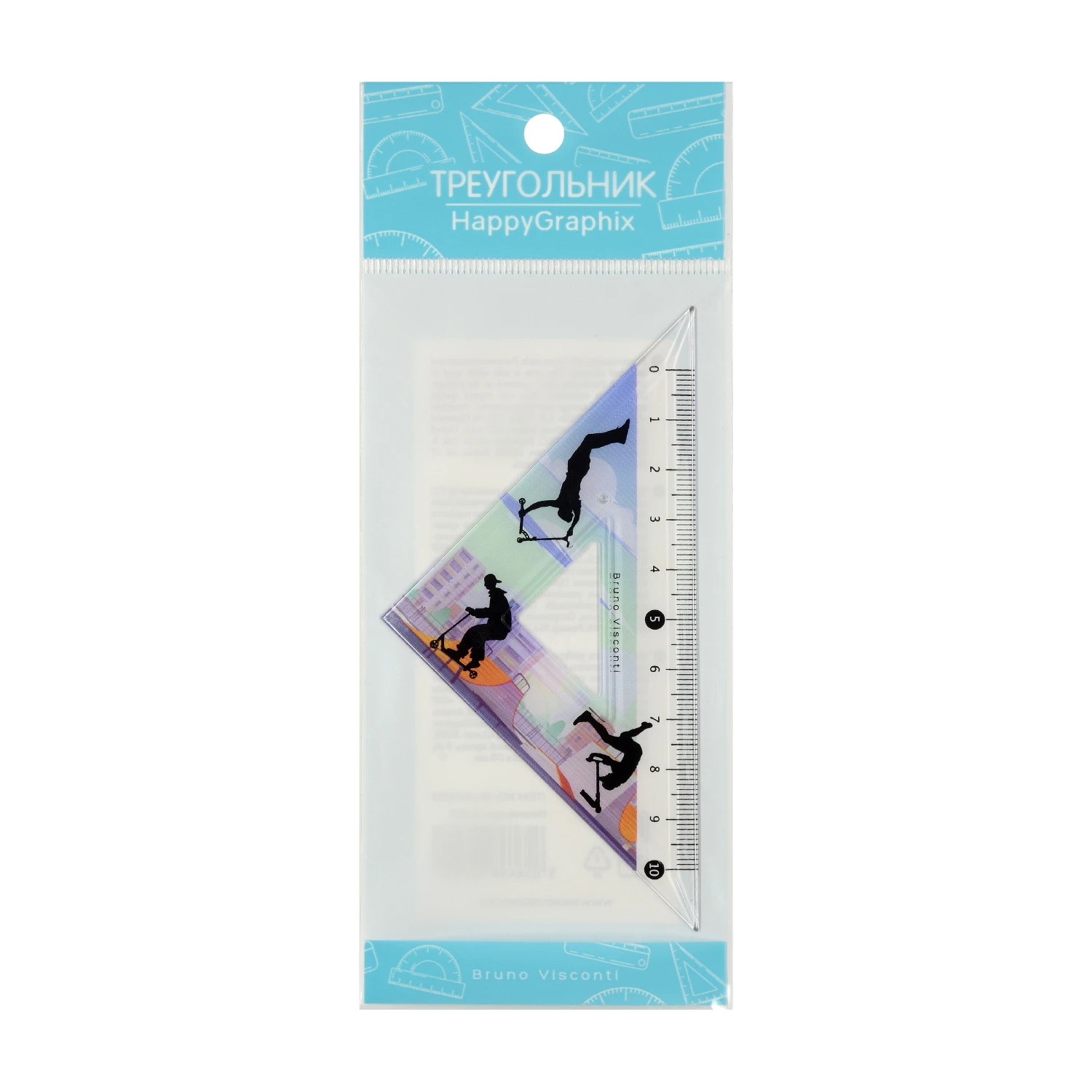 ТРЕУГОЛЬНИК ПЛАСТИКОВЫЙ "HappyGraphix. Самокаты", 45 градусов, шкала ТРЕУГОЛЬНИК ПЛАСТИКОВЫЙ "HappyGraphix. Самокаты", 45 градусов, шкала