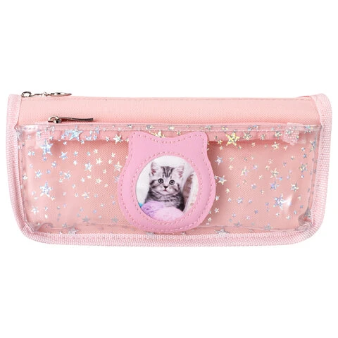 Пенал-косметичка ЮНЛАНДИЯ, 2 отделения, полиэстер, "Kitty", розовый,