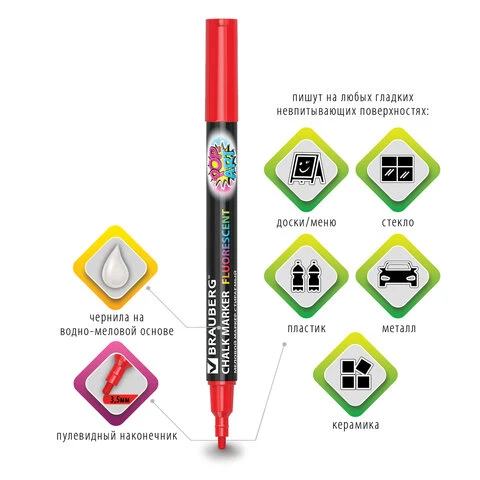 Маркер меловой BRAUBERG "POP-ART", сухостираемый, для гладких Маркер меловой BRAUBERG "POP-ART", сухостираемый, для гладких