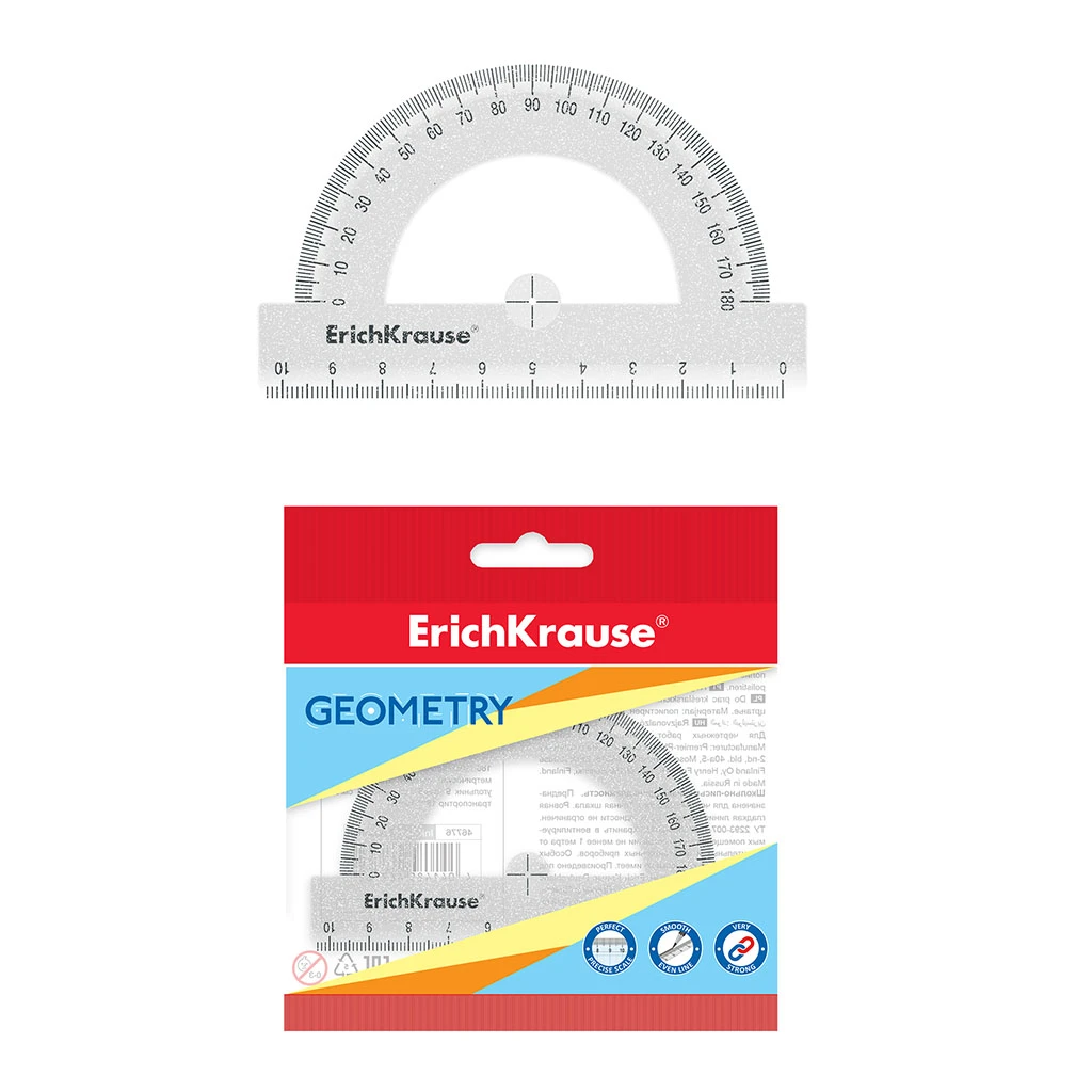 Транспортир пластиковый ErichKrause® Glitter, 180°/10см, прозрачный, в флоупаке