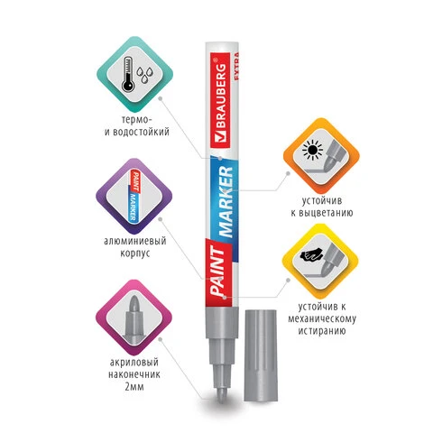 Маркер-краска лаковый EXTRA (paint marker) 2 мм, СЕРЕБРЯНЫЙ, УЛУЧШЕННАЯ