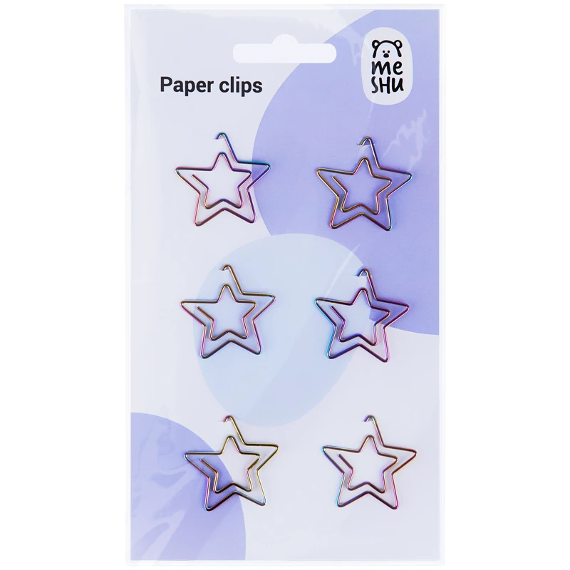 Скрепки фигурные 25мм, Meshu "Stars", 6шт., пакет с европодвесом