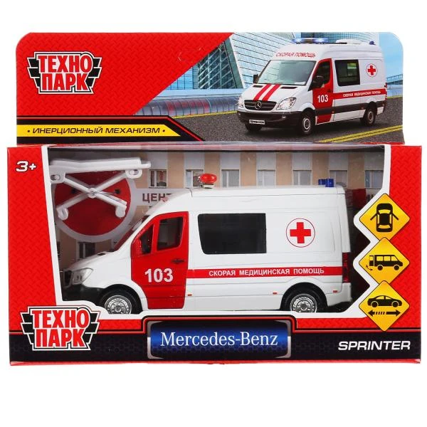 Машина металл MERCEDES-BENZ SPRINTER СКОРАЯ длина 14 см, двери, тележк,