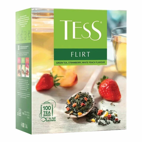 Чай TESS (Тесс) "Flirt", зеленый с клубникой и персиком, 100 пакетиков Чай TESS (Тесс) "Flirt", зеленый с клубникой и персиком, 100 пакетиков