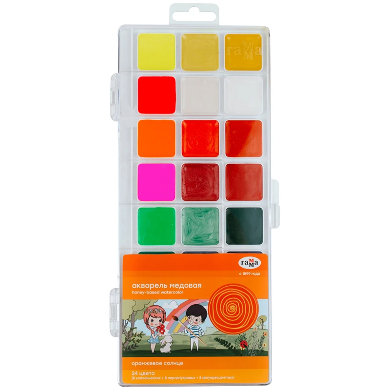 Акварель Гамма "Оранжевое солнце", медовая, 24 цветов (8 перламутр.+ 8 Акварель Гамма "Оранжевое солнце", медовая, 24 цветов (8 перламутр.+ 8