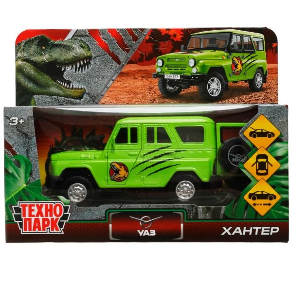 Машина металл UAZ HUNTER ДИНОЗАВРЫ 11,5 см, двер, багаж, ин, салатовый,
