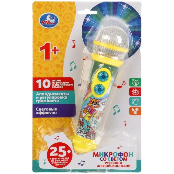 Микрофон со светом 25 песен,звуков на рус и англ языках, аплодисменты.блист.бат.