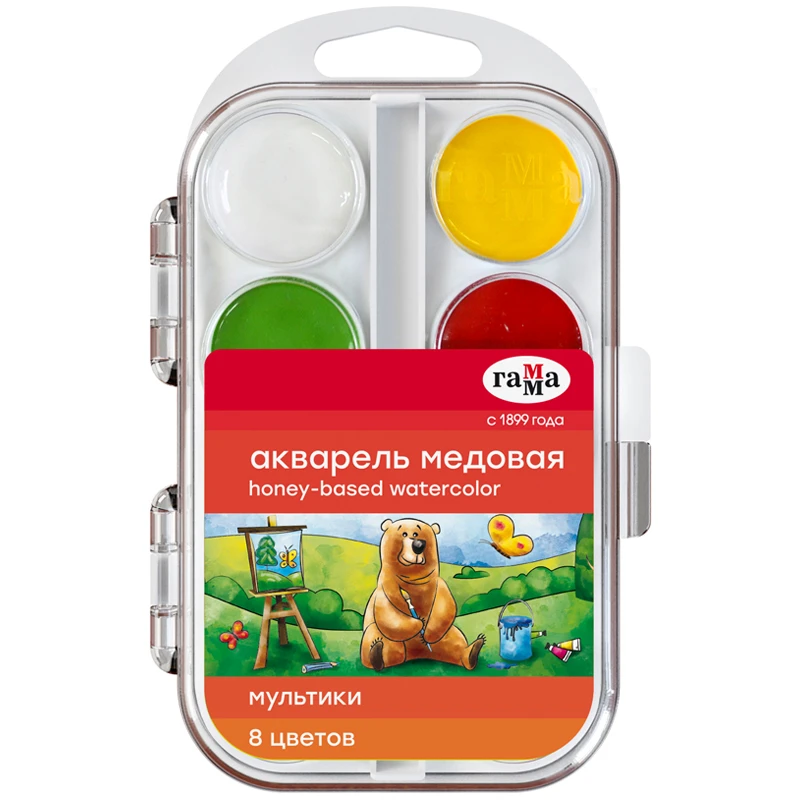 Акварель Гамма "Мультики" NEW, медовая, 8 цветов, без кисти, пластик.