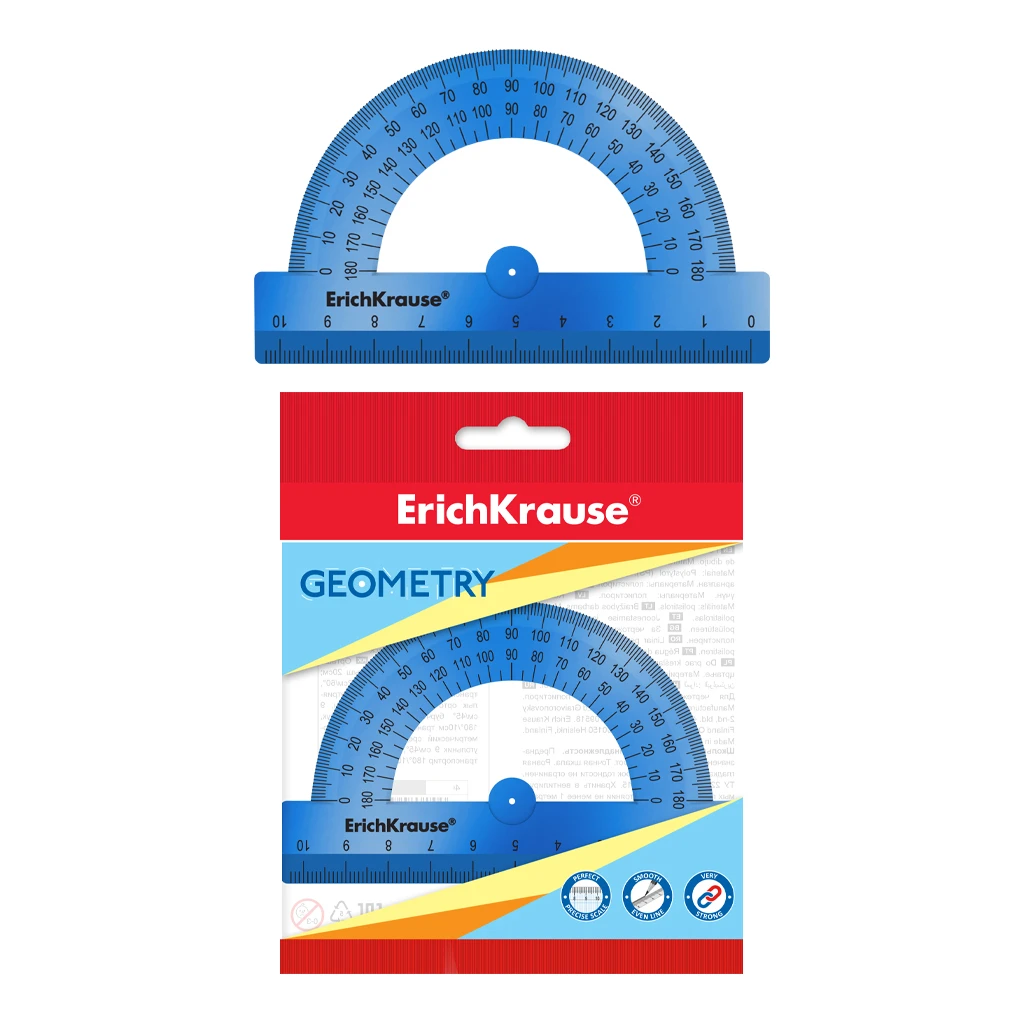 Транспортир пластиковый ErichKrause® Ice Metallic, 180°/10см, синий, во флоупаке Транспортир пластиковый ErichKrause® Ice Metallic, 180°/10см, синий, во флоупаке