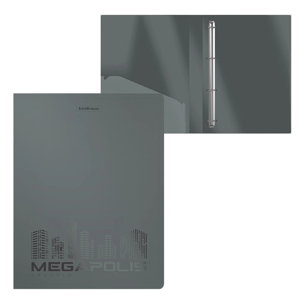Папка на 4 кольцах пластиковая Erich Krause MEGAPOLIS, 24 мм, А4, серый (в Папка на 4 кольцах пластиковая Erich Krause MEGAPOLIS, 24 мм, А4, серый (в