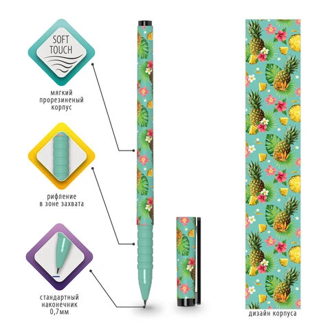 Ручка шариковая BRAUBERG SOFT TOUCH GRIP "PINEAPPLE", СИНЯЯ, мягкое