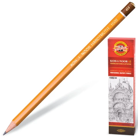 Карандаш чернографитный KOH-I-NOOR 1500, 1 шт., 4H, без резинки, корпус желтый, Карандаш чернографитный KOH-I-NOOR 1500, 1 шт., 4H, без резинки, корпус желтый,