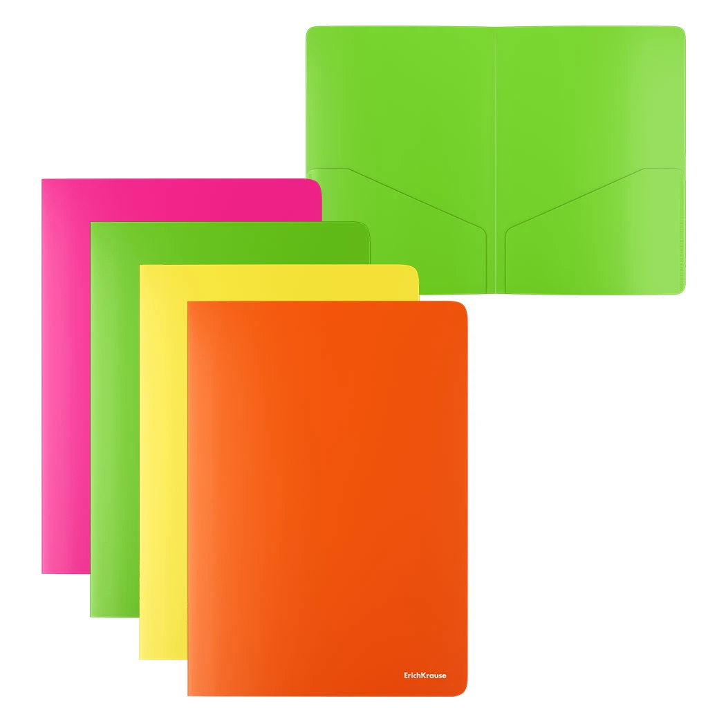 Папка-уголок с 2 карманами Erich Krause Glossy Neon, A4, полупрозрачная, ассорти