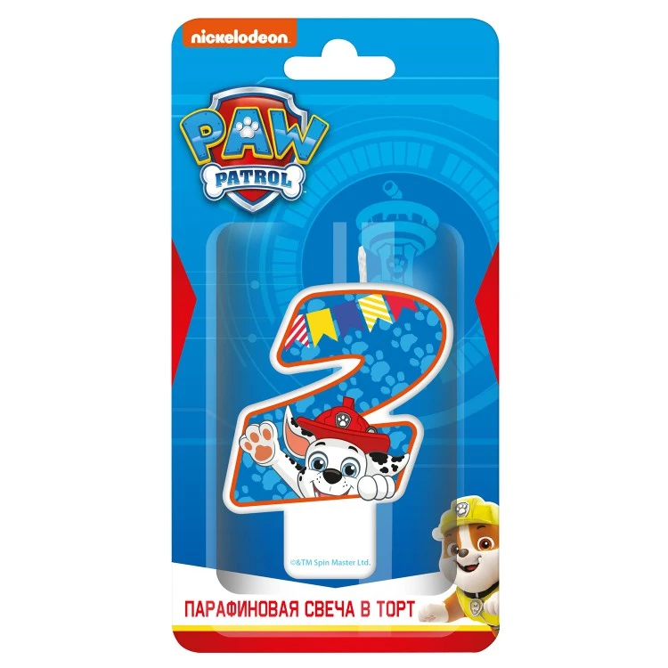Щенячий патруль. Парафиновая свеча в торт (цифра 2 с героем) в блистере Щенячий патруль. Парафиновая свеча в торт (цифра 2 с героем) в блистере