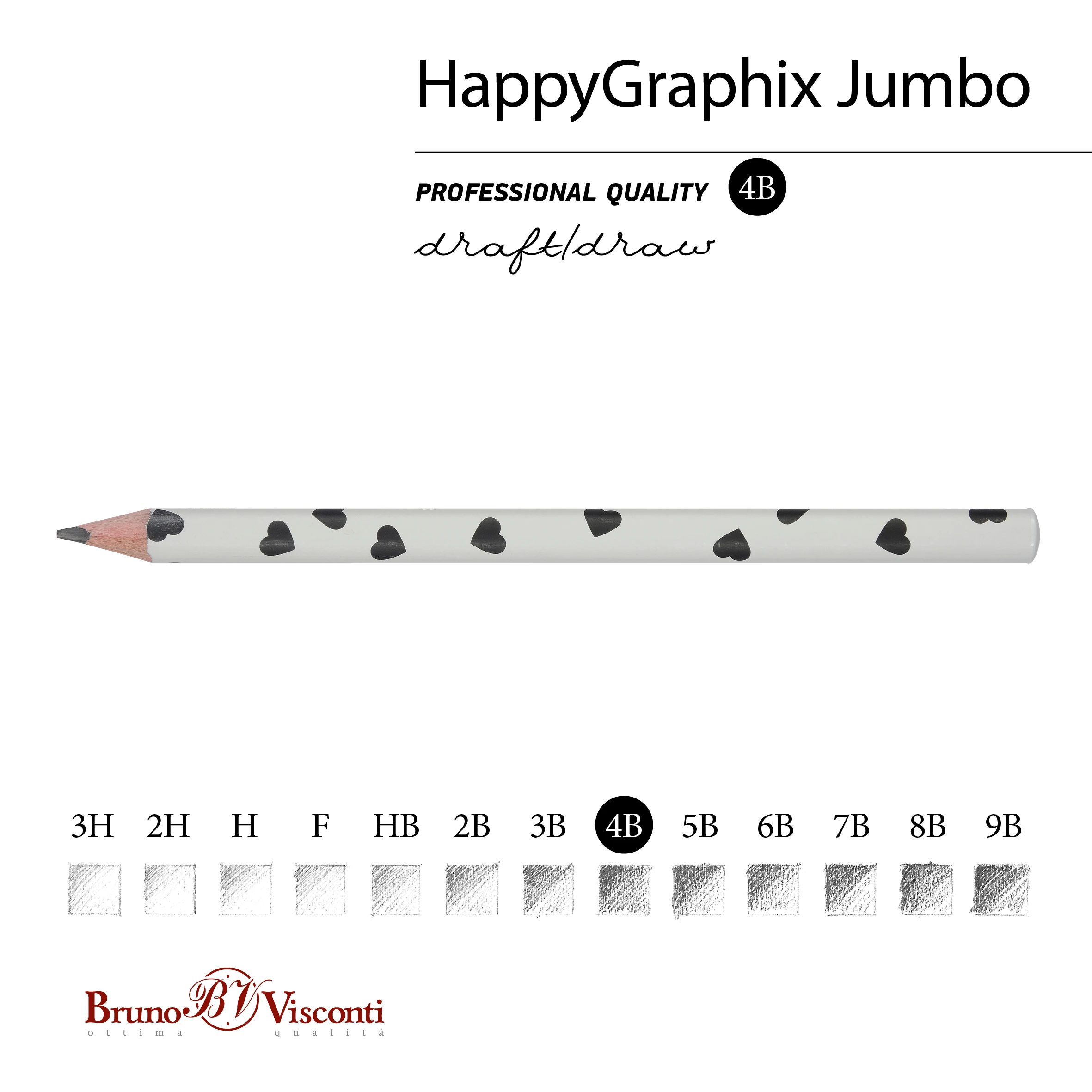 КАРАНДАШ ЧЕРНОГРАФИТОВЫЙ "HappyGraphix Jumbo. Монохром. Сердечки" 4В, КАРАНДАШ ЧЕРНОГРАФИТОВЫЙ "HappyGraphix Jumbo. Монохром. Сердечки" 4В,