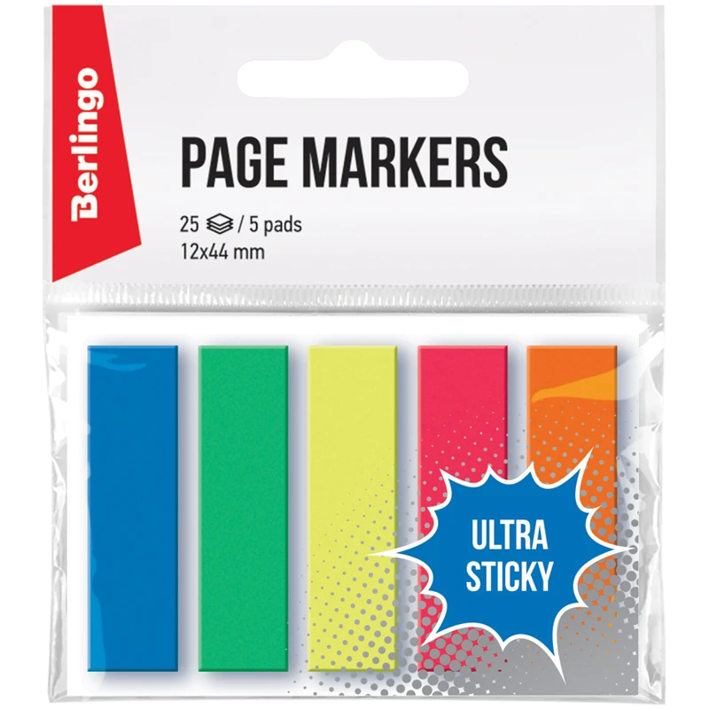 Флажки-закладки Berlingo "Ultra Sticky", 44*12мм, 25л*5 неоновых Флажки-закладки Berlingo "Ultra Sticky", 44*12мм, 25л*5 неоновых