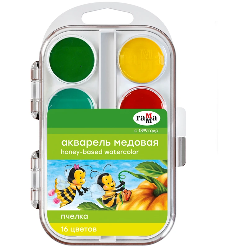 Акварель Гамма "Пчелка NEW", медовая, 16 цветов, без кисти, пластик.