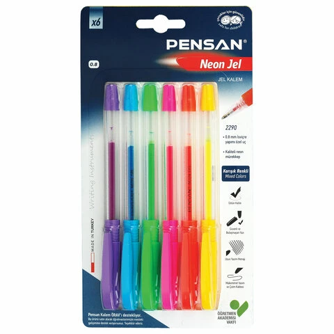 Ручки гелевые PENSAN Neon Gel, НАБОР 6 ЦВЕТОВ, узел 1мм, линия 0,5мм, 2290/B6