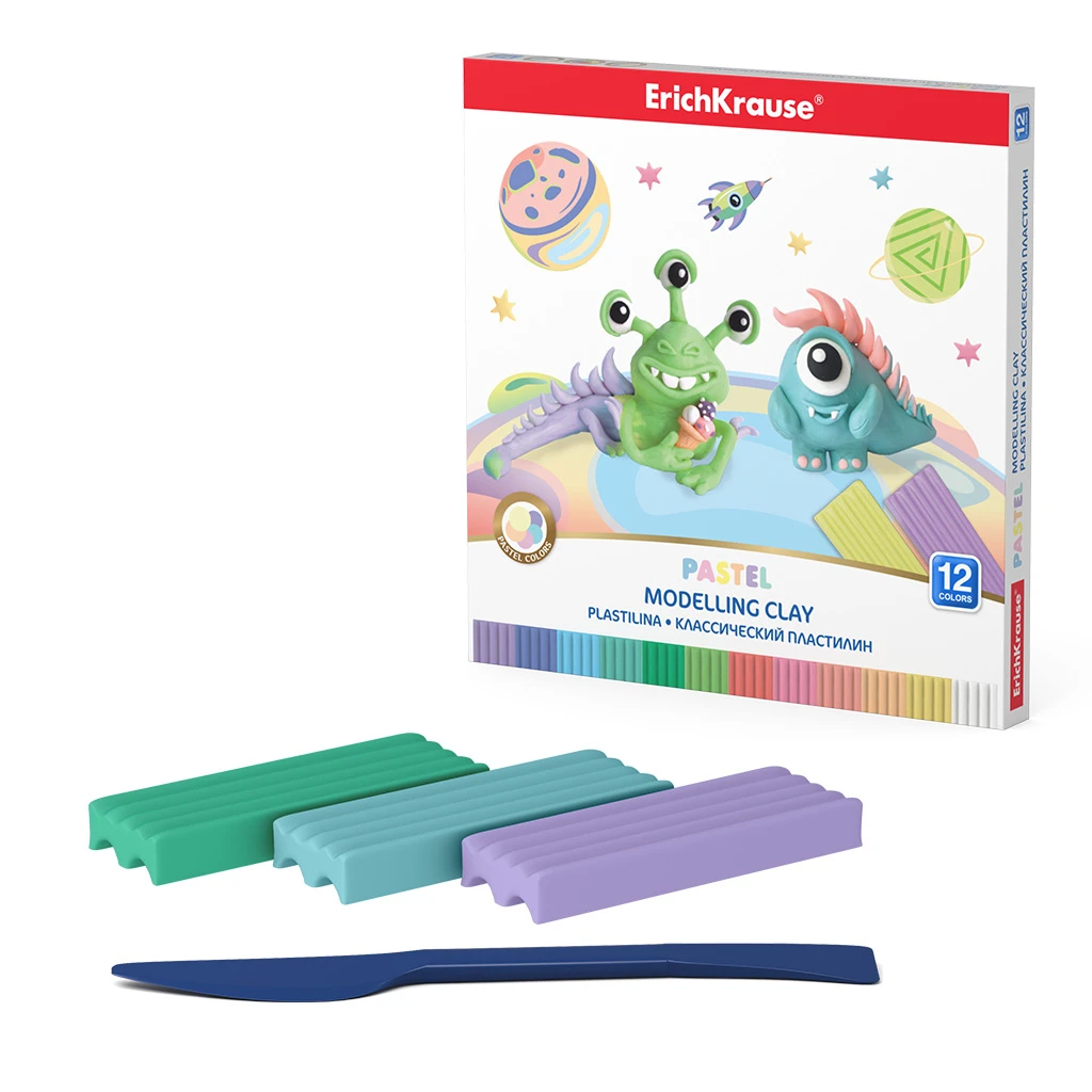 Классический пластилин ErichKrause® Cosmic Monsters Pastel 12 цветов со стеком,