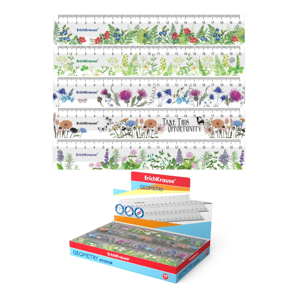 Линейка пластиковая ErichKrause®, 20см, ассорти из 5 дизайнов, в коробке-дисплее