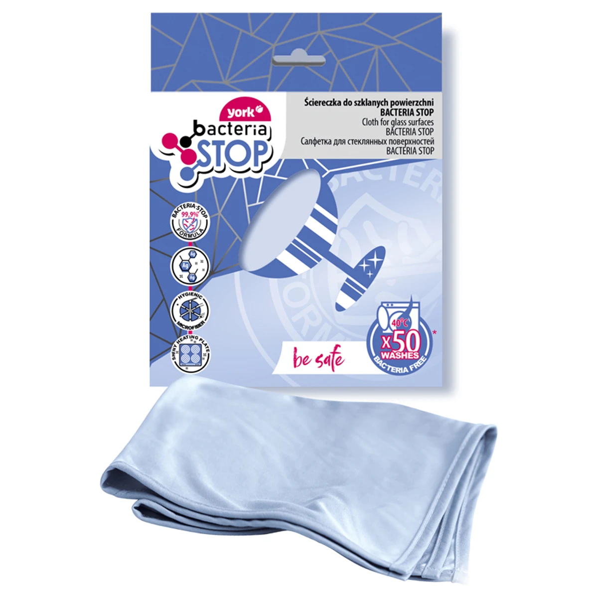 Салфетка для стекла York, "Бактерия стоп", микрофибра, 30*40см,