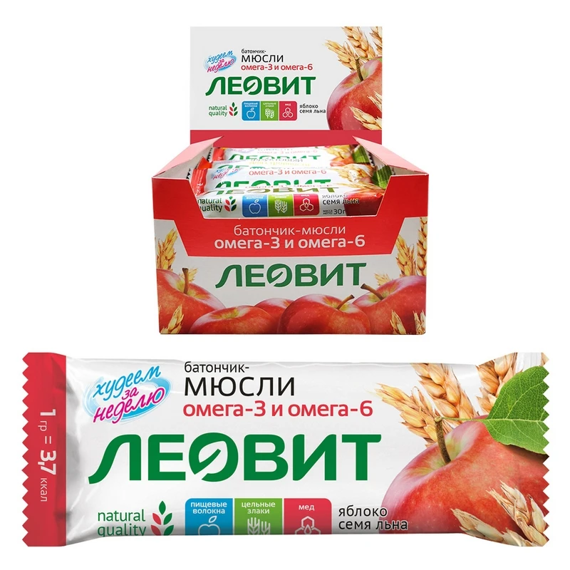 Батончик мюсли Леовит с яблоком и семенем льна, 26штx30г Батончик мюсли Леовит с яблоком и семенем льна, 26штx30г