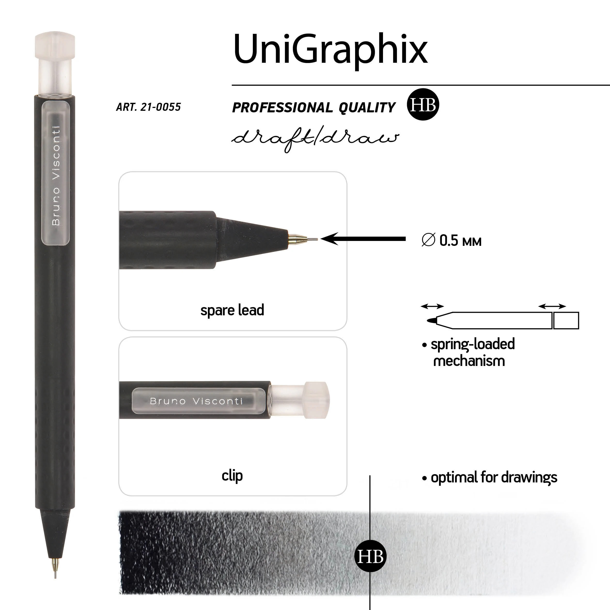 КАРАНДАШ МЕХАНИЧЕСКИЙ ТРЕХГРАННЫЙ "UniGraphix" 0.5 ММ, твердость HB, 3 КАРАНДАШ МЕХАНИЧЕСКИЙ ТРЕХГРАННЫЙ "UniGraphix" 0.5 ММ, твердость HB, 3