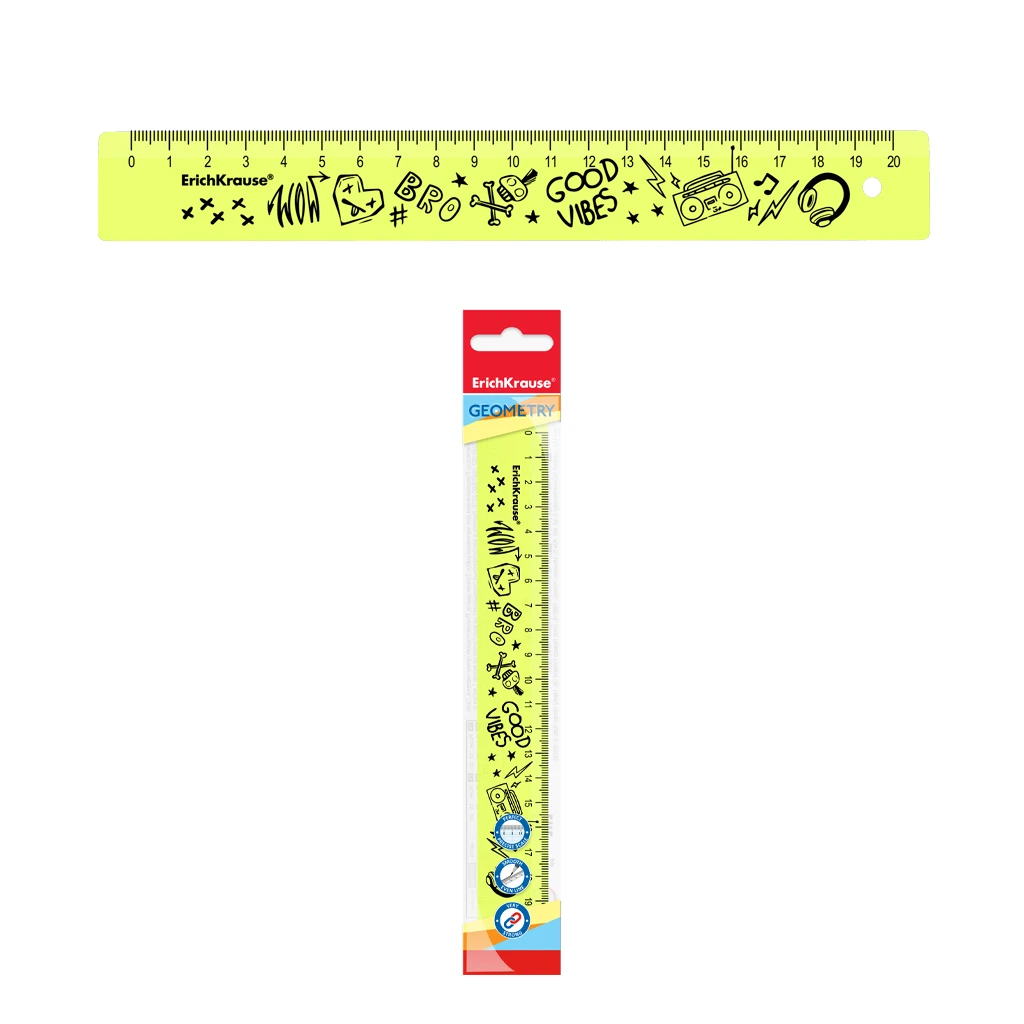 Линейка пластиковая ErichKrause® Scooter Master, 20см, желтая, во флоупаке