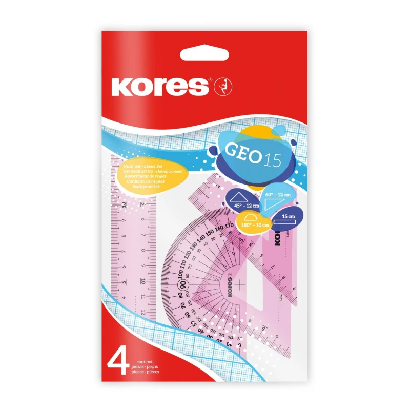 Набор чертежных принадлежностей Kores: лин.15см, два треуг 60и45 град-12см,