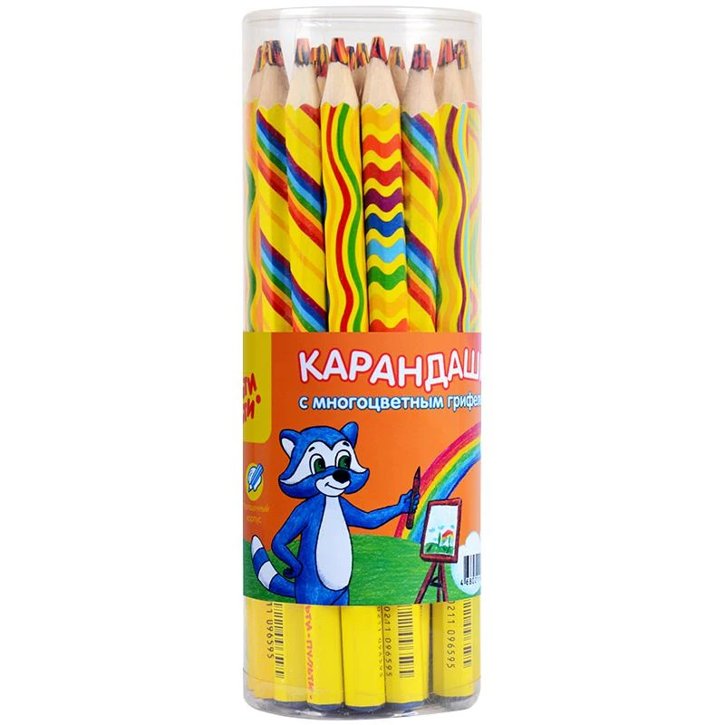 Карандаш "Енот и радуга" с многоцветным грифелем, утолщенный, заточен. Карандаш "Енот и радуга" с многоцветным грифелем, утолщенный, заточен.