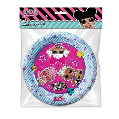 LOL. Набор бумажных тарелок (розовые с бело-голубой полоской), 6 шт d=180 мм