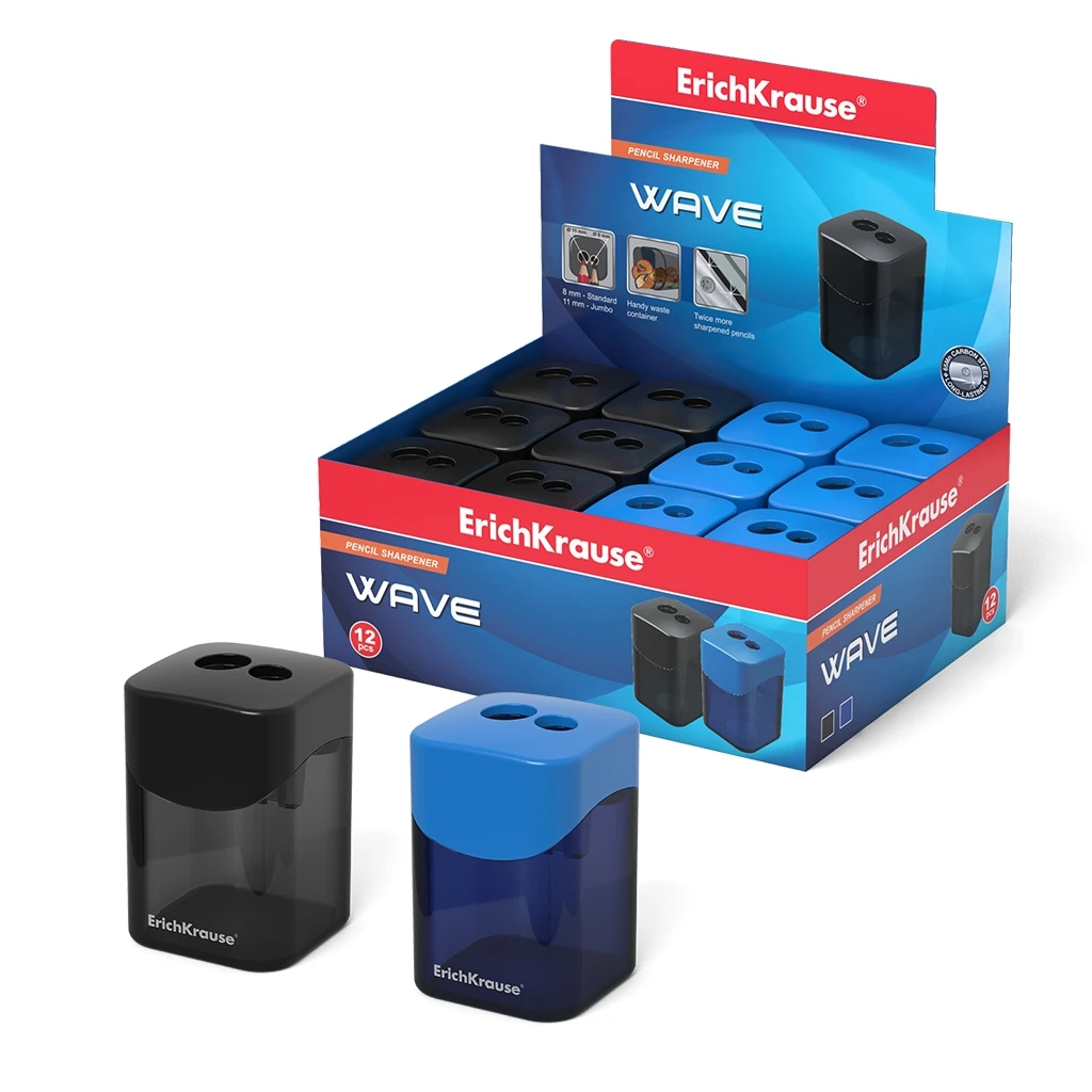 Пластиковая точилка Erich Krause Wave, два отверстия с контейнером, цвет корпуса