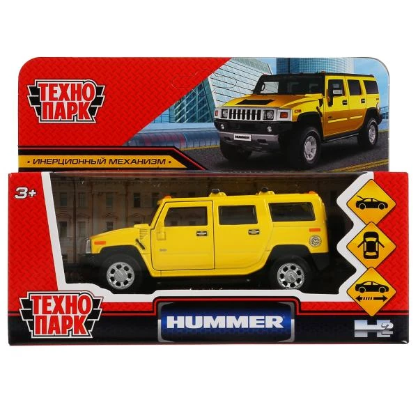 Машина металл HUMMER H2 длина 12 см, двери, багажник, инерция, желтый, коробка.