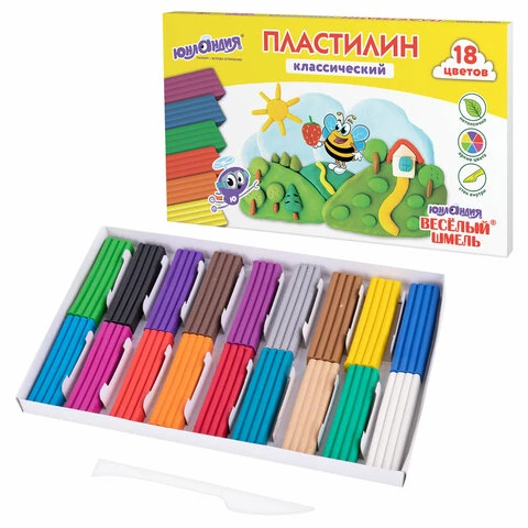 Пластилин классический ЮНЛАНДИЯ "ВЕСЁЛЫЙ ШМЕЛЬ", 18 цветов, 360 грамм, Пластилин классический ЮНЛАНДИЯ "ВЕСЁЛЫЙ ШМЕЛЬ", 18 цветов, 360 грамм,