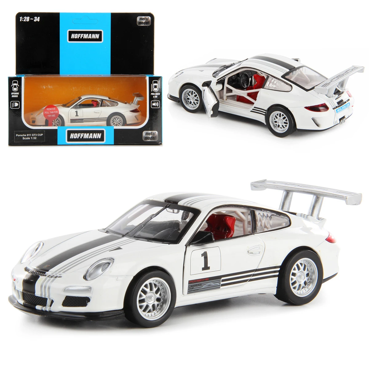 Машина металлическая Porsche 911 GT3 Cup (997) 1:32, звук/свет, двери откр.,