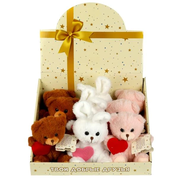 Игрушка мягкая дисплей "мишки и зайцы с сердц", 13см, 3 вида б/чипа в Игрушка мягкая дисплей "мишки и зайцы с сердц", 13см, 3 вида б/чипа в