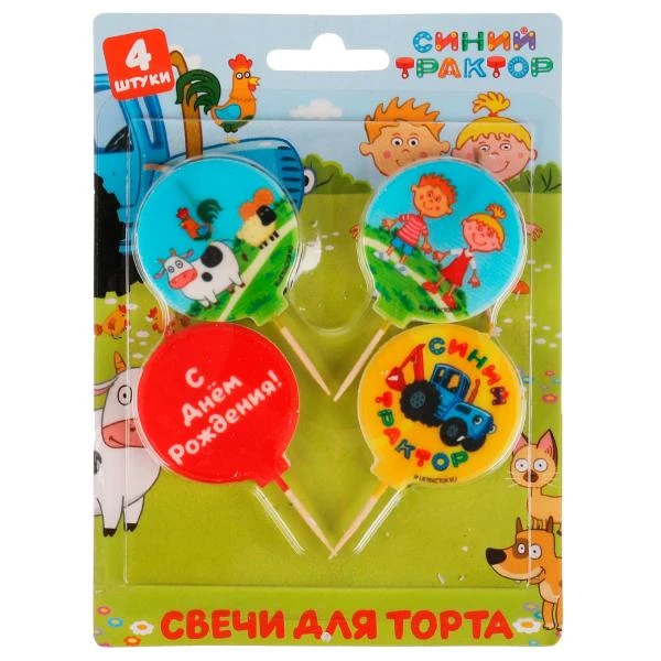 Свечи для торта Со стикером на шпажках СИНИЙ ТРАКТОР 4 шт, блистер ЧУДО ПРАЗДНИК
